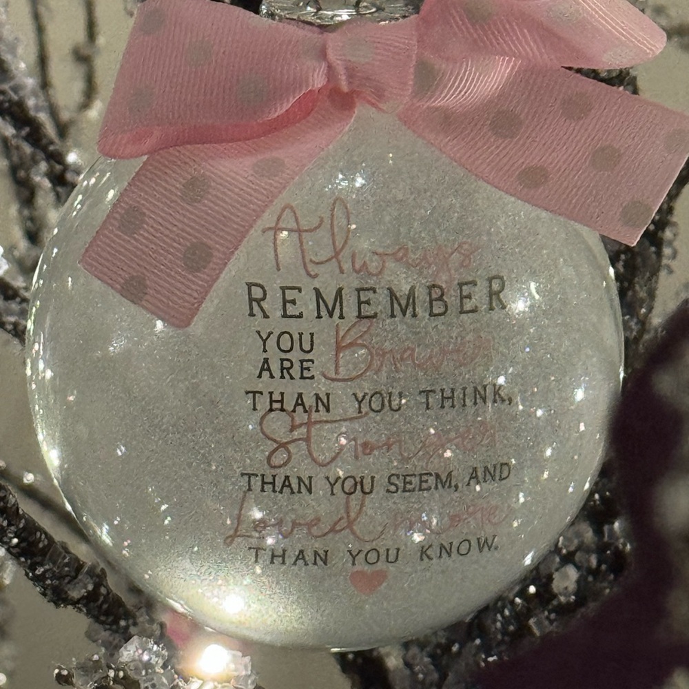 Hand Blown Glass Tree Ornament Ball 4x4 Pink White "Always Remember" Cancer Gift